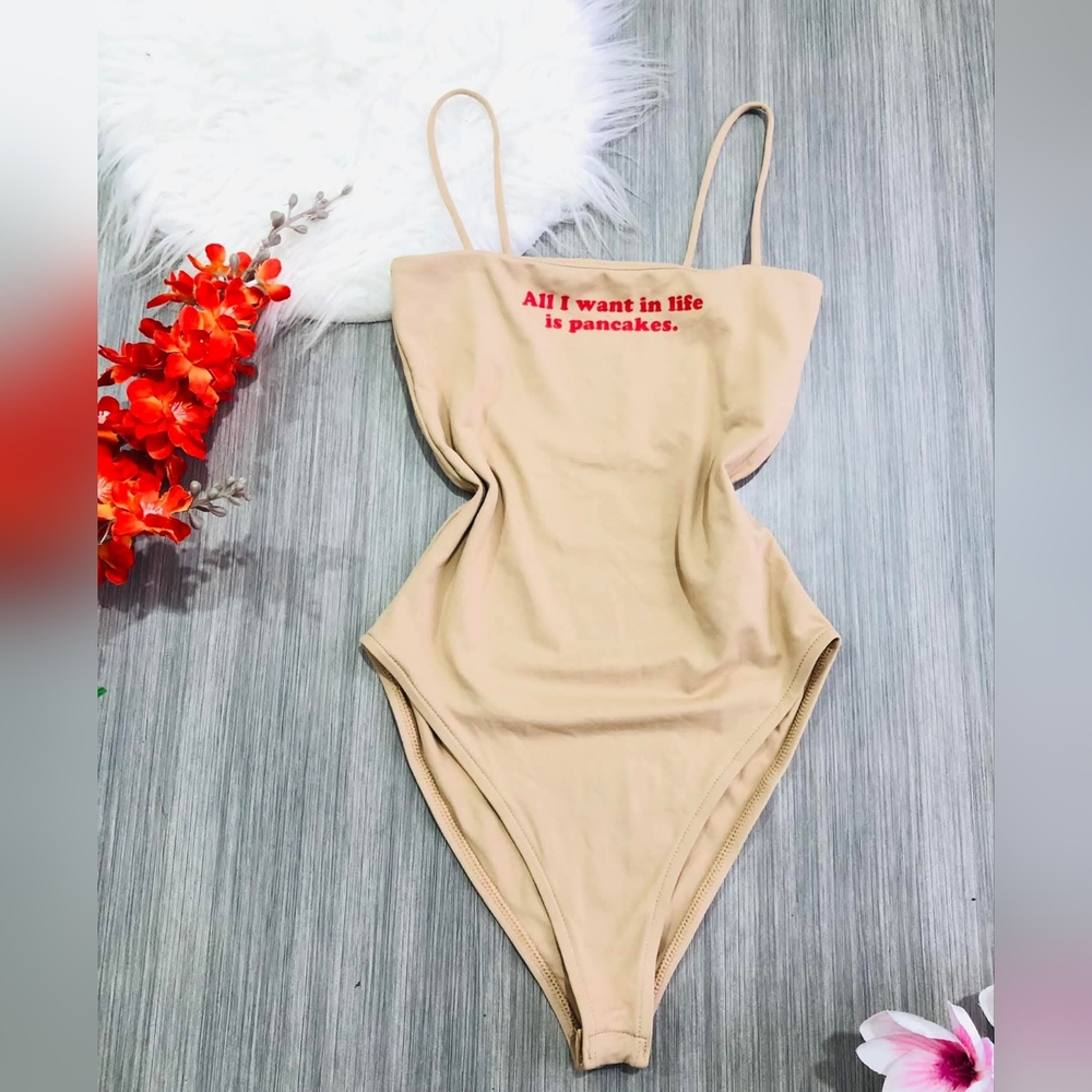 Beige Bodysuit with Pancake Slogan